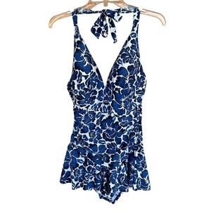 CHAPS Blue and White Slimming Floral Swimsuit Dress, 14